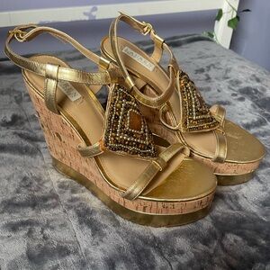 Lauren Ralph Lauren Gold Beaded Wedge Sandals